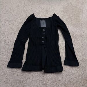 Black Ribbed Button-Up Top